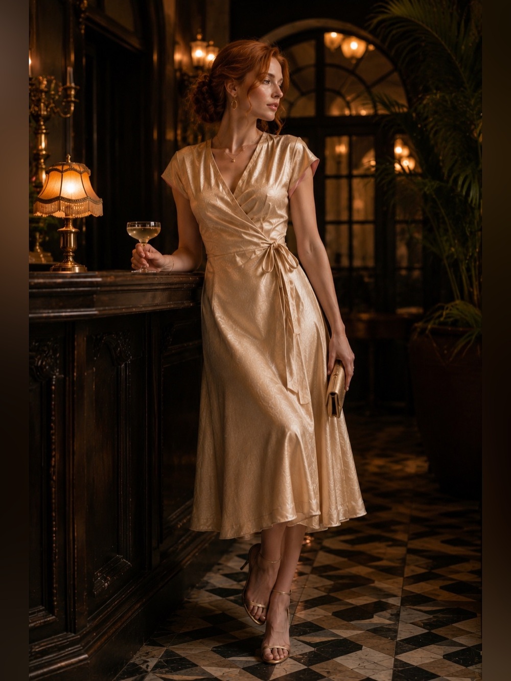 ALFRED SUNG Vintage Gold Silk Blend A-Line Wrap Dress Classic Retro 40’s Style